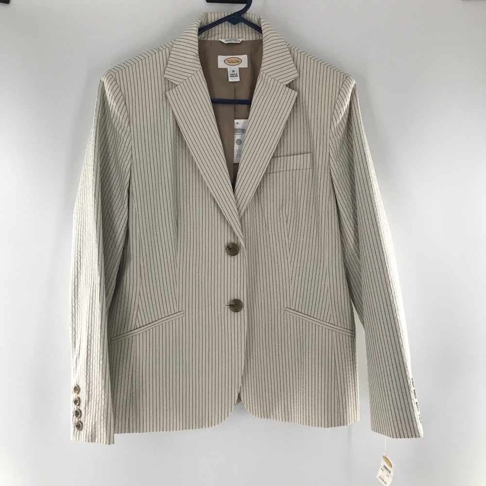 NWT Talbots Cream & Tan Seersucker Pinstripe Neutral Lined Blazer